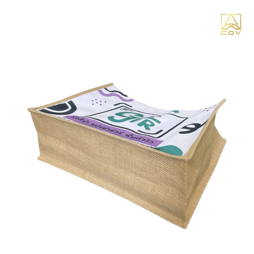 กระเป๋าผ้ากระสอบด้านหน้าเย็บติดกับผ้าแคนวาส